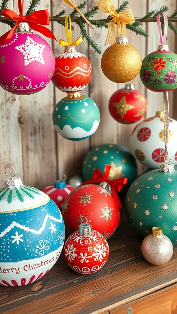 DIY Large Christmas Ornaments Colorful large DIY Christmas ornaments on a wooden table, decorated with glitter and ribbons.